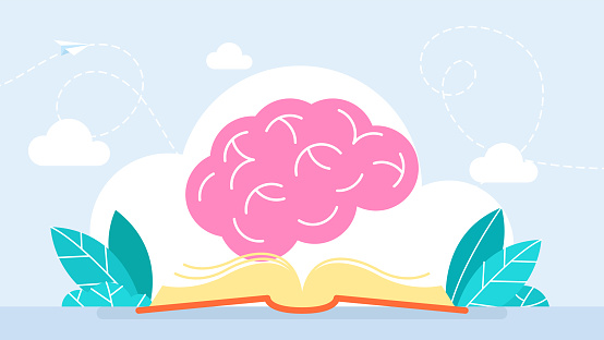 Brain and opened book. Brain reading a book. Reading books to gain knowledge, intelligence and thinking skill, lifelong learning, research and study for personal growth concept. Flat illustration