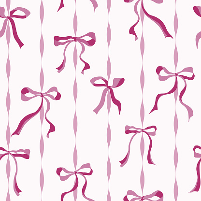 Cute vector seamless pattern featuring charming fuchsia bows with a loose style on a pink vertical stripes background. Girly pattern perfect for bedroom decoration, prints and party themes with coquette pink tones