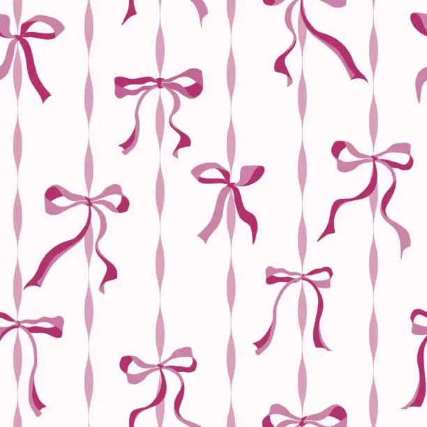 Vector illustration of Coquette fuchsia Bows on a Pink curved stripes Background pattern