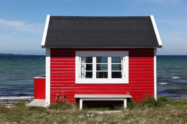 colored beach hut in aeroskobing, aero island, denmark - aeroe fotografías e imágenes de stock