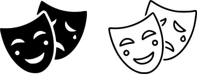 Theatrical masks icon. Comedy and tragedy theatrical masks icons. Comic and tragic mask. Masquerade collection. Happy and unhappy traditional symbol