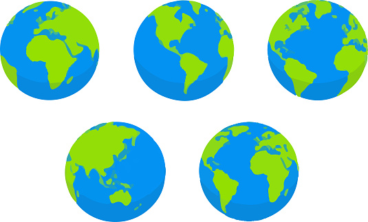 World map in globe shape. Earth globe set. Earth globes collection. Flat style
