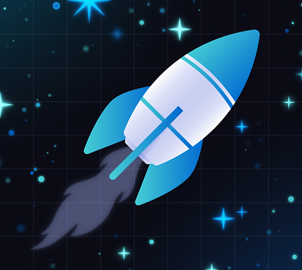 Space rocket blast off investment outer space blue grid stars background.