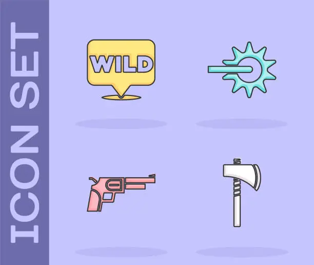 Vector illustration of Set Tomahawk axe, Pointer to wild west, Revolver gun and Spur icon. Vector