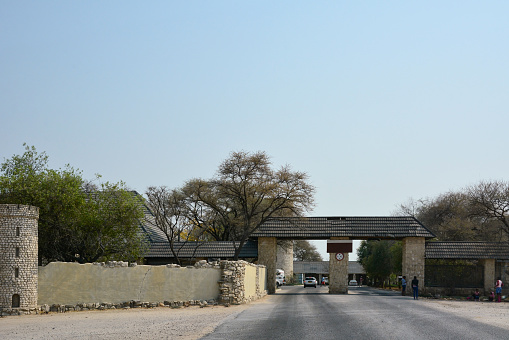 Gateway to a national nature reserve in Namibia, Africa under a clear blue sky