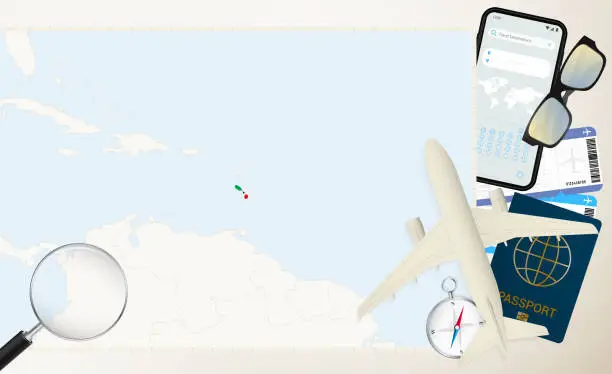 Vector illustration of Saint Kitts and Nevis map and flag, cargo plane on the detailed map of Saint Kitts and Nevis with flag.