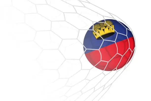 Vector illustration of Liechtenstein flag soccer ball in net.
