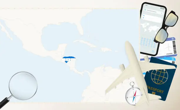 Vector illustration of Honduras map and flag, cargo plane on the detailed map of Honduras with flag.