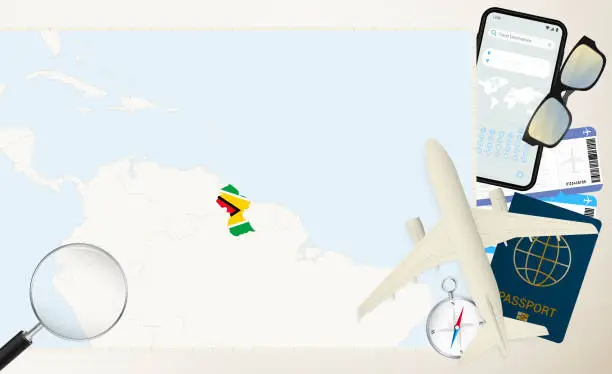 Vector illustration of Guyana map and flag, cargo plane on the detailed map of Guyana with flag.