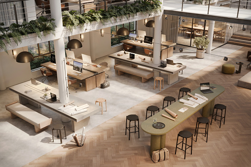 In this digitally generated image, a sustainable office design shines with spacious community worktables. Wood and green textures blend harmoniously, reflecting an eco-conscious aesthetic ideal for collaborative workspaces.