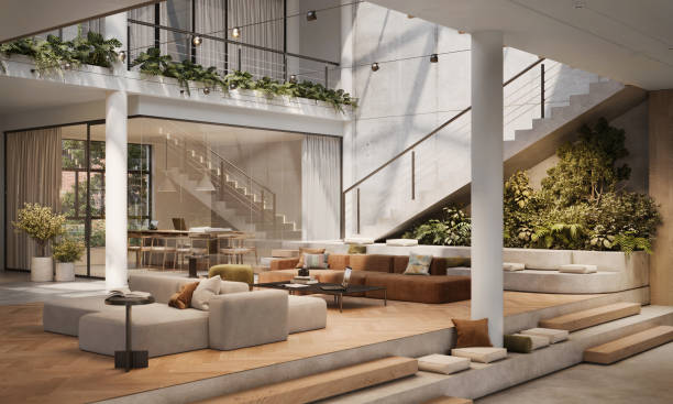 Digitally Created Office Lounge with Cascading Greenery and Wood Themes
