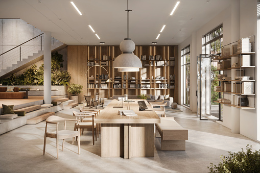 A spacious layout and biophilic design elements are the hallmarks of this contemporary office digital visual. It combines natural materials and plants to create an inviting and productivity-enhancing workspace