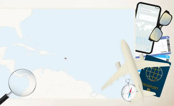 Vector illustration of Antigua and Barbuda map and flag, cargo plane on the detailed map of Antigua and Barbuda with flag.