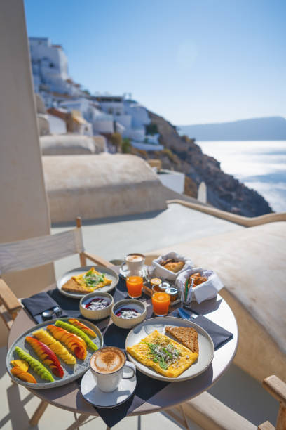 istock Breakfast table at a luxury hotel or restaurant in Santorini 2061381763