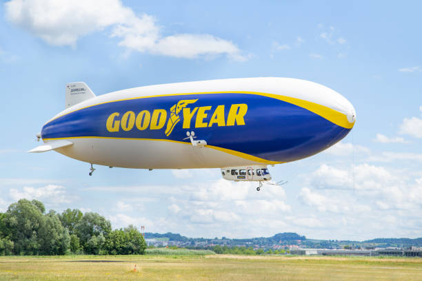 Goodyear Zeppelin, Airship lands in Friedrichshafen.The Zeppelin takes off from Friegrichshafen for sightseeing flights over Lake Constance and the Alps.