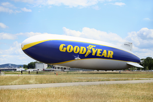 Goodyear Zeppelin, Airship lands in Friedrichshafen.
The Zeppelin takes off from Friegrichshafen for sightseeing flights over Lake Constance and the Alps.