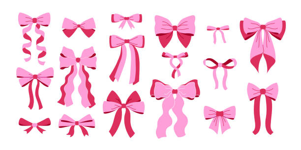 Set pink bows and ribbons for hair. Flat vector illustrations set. Trendy bow for presents wrapping. Gift birthday xmas sale decor. Cute vintage hairstyle elements collection