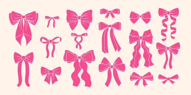 Vector illustration of Set pink bows and ribbons for hair.