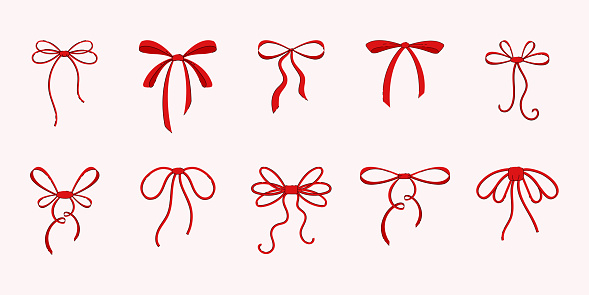 Set of red thin ribbon bow knots. Decoration elements. Various bows for presents, gift boxes, raditional holidays. Flat vector illustration.