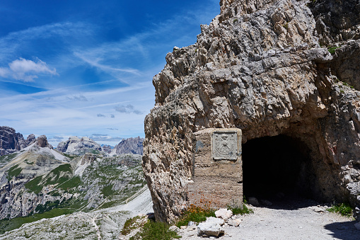 A tunnel dug by military during World War I on the Paterno Mountain, locally know as Paternkofel. Sexten Dolomites. Sesto Municipality. Bolzano Province. Trentino-Alto Adige. Italy.