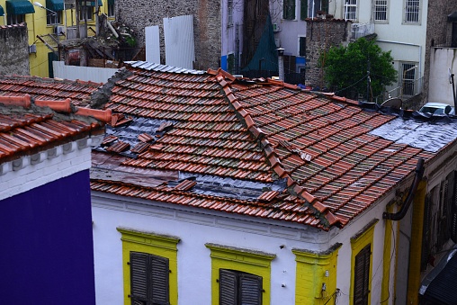 buildings and roofs on a rainy day