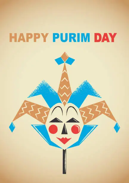 Vector illustration of Vintage Happy Purim poster with mask of cheerful harlequin on the background of old paper. Flat vector illustration.