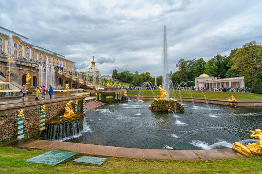 Russia, St. Petersburg- August 19, 2023: The Grand Palace in Peterhof Park