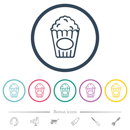 Popcorn outline flat color icons in round outlines. 6 bonus icons included.