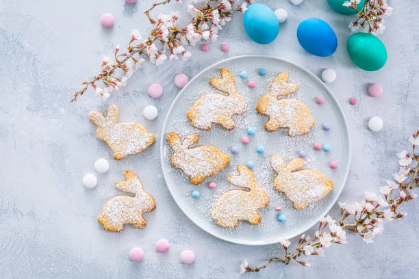 istock Homemade almond bunny cookies for Easter with Easter eggs 2061423662