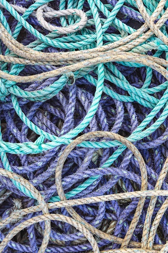Amble, Morpeth, Northumberland, England, Great Briton, United Kingdom. Purple and green ropes on the docks of Amble.