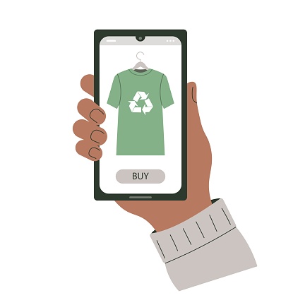 Smartphone in human hand. Character chooses buy eco-friendly clothing. Buy clothes online through app. Buying environmentally recyclable or used clothing. Reuse and recycling concept. Waste reduction.