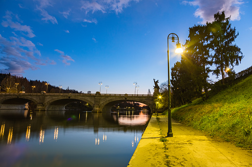 Po River and Ponte Umberto at dusk in Turin, Italy
