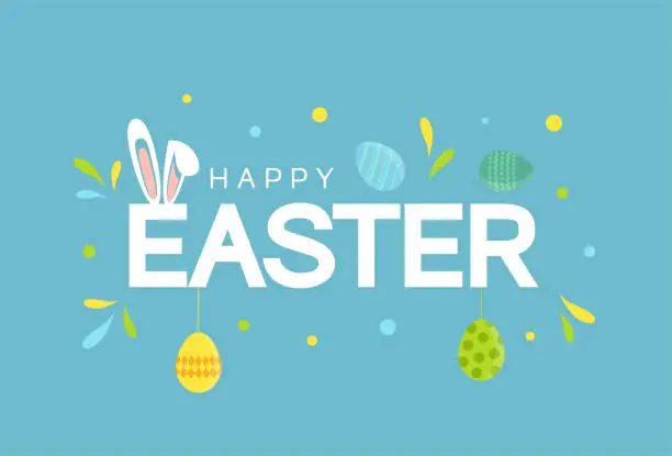 Vector illustration of Easter colorful poster, background with eggs and bunny ears. Vector