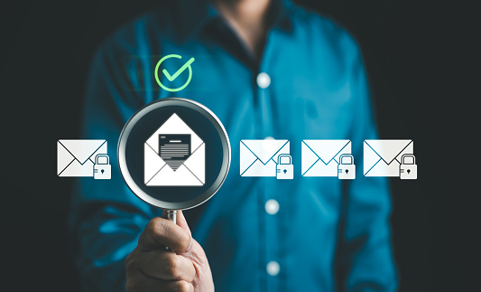 Email security concept. Security protection Email from spam virus and phishing. Email fraud, Scam mail, virus alert, hacker, Check email, notification, junk and trash mail and compromised information.