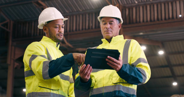 istock Tablet, logistics and man with senior for inventory management, distribution warehouse and digital checklist. Inspection, technology and people in storage facility for stock quality assurance 2061516153