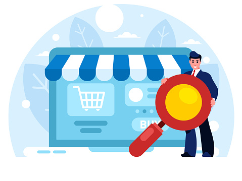 Search products online. Businessman holding a huge magnifying glass. Online store on laptop screen. E-commerce concept. Vector graphics