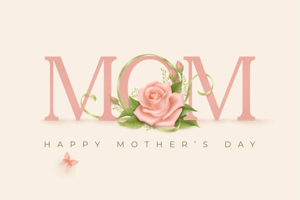 Happy mothers day greeting card with roses Inscription Mom with a floral arrangement of pink roses with leaves. Happy mothers day spring design on a beige backdrop with butterfly Happy Mother’s Day stock illustrations