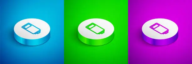 Vector illustration of Isometric line Battery charge level indicator icon isolated on blue, green and purple background. White circle button. Vector