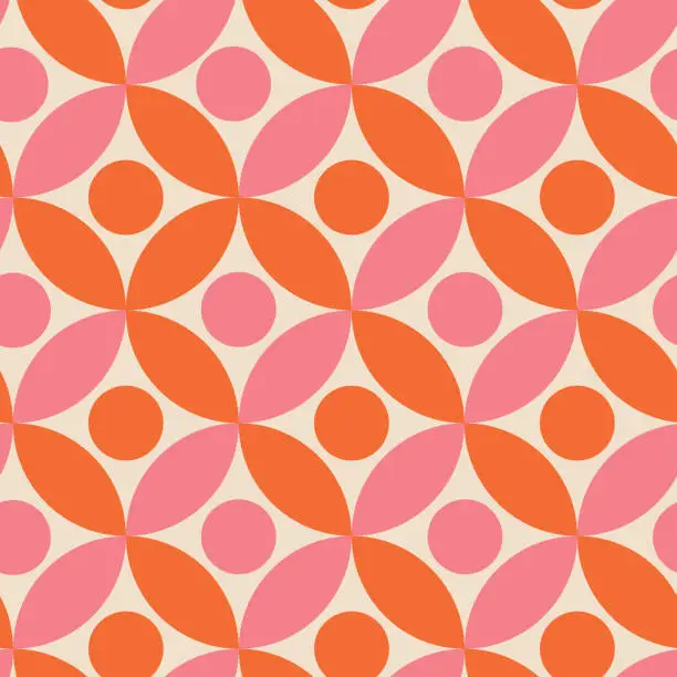 Vector illustration of Mid century dots on pink and orange circles seamless pattern.
