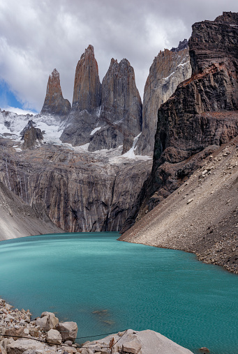 Base las torres and lagoon laguna in Torres del Paine National Park view, Chile. Chilean Patagonia landscape.