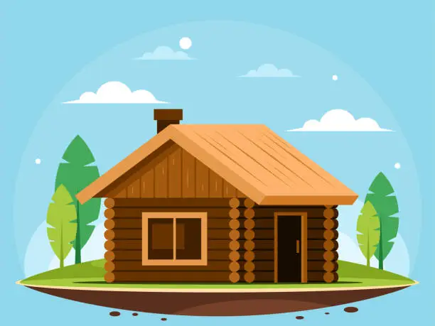 Vector illustration of Hut on a green meadow