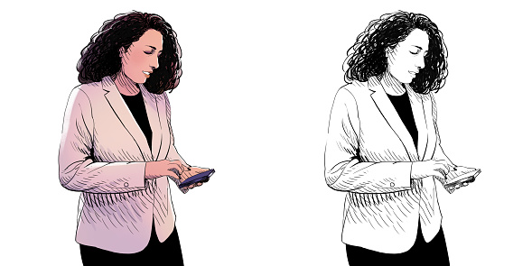 Digital illustration of a focused businesswoman in a casual business outfit wearing a soft-toned blazer using a smartphone browsing or texting.