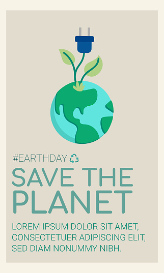 Plug and a plant on planet earth. Save the planet text. Renewable energies. Vector Illustration.