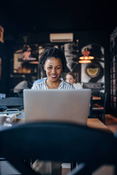 istock Businesswoman using laptop in cafe 2061638521