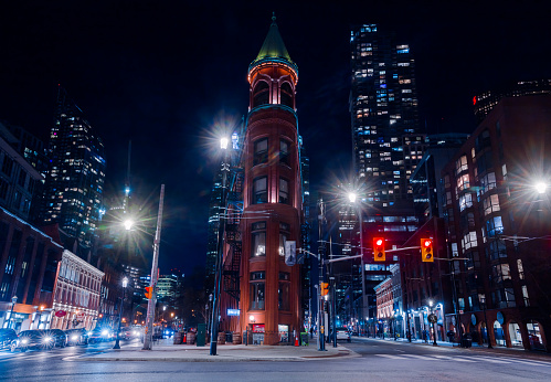 Toronto downtown at night - financial district, historical buildings and street light
