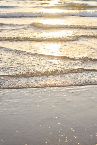 Small and frothy waves on the shore during sunrise or sunset in summer.