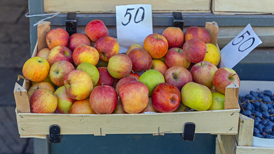 Organic Red Apples in Wooden Crate With Price Tag at Farmers Market