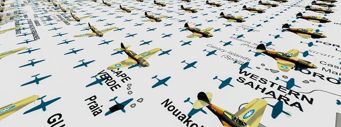Artistic composition of classic fighter aircraft flying in formation across a map backdrop, symbolizing historical airforce maneuvers.