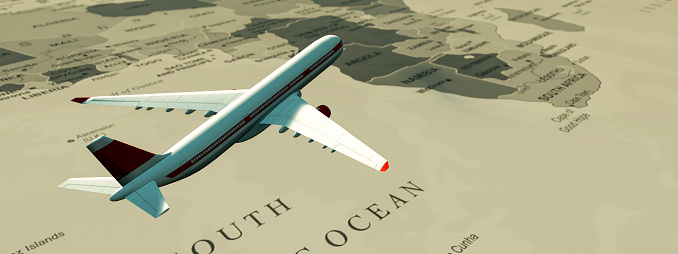 A graphic composition of a commercial airplane in flight above a sepia map, evoking travel over the South Atlantic.
