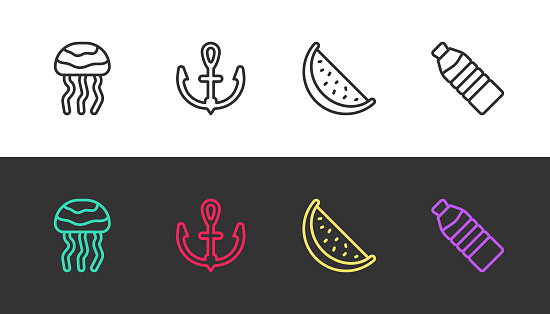 Set line Jellyfish, Anchor, Watermelon and Bottle of water on black and white. Vector.